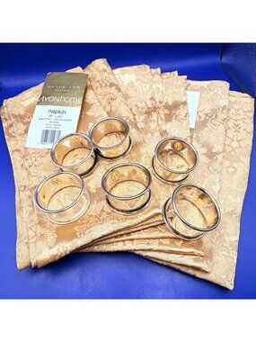 Avon Gold Damask Cloth Napkins Silver Tone Christmas Tree Napkin Rings Set of 6